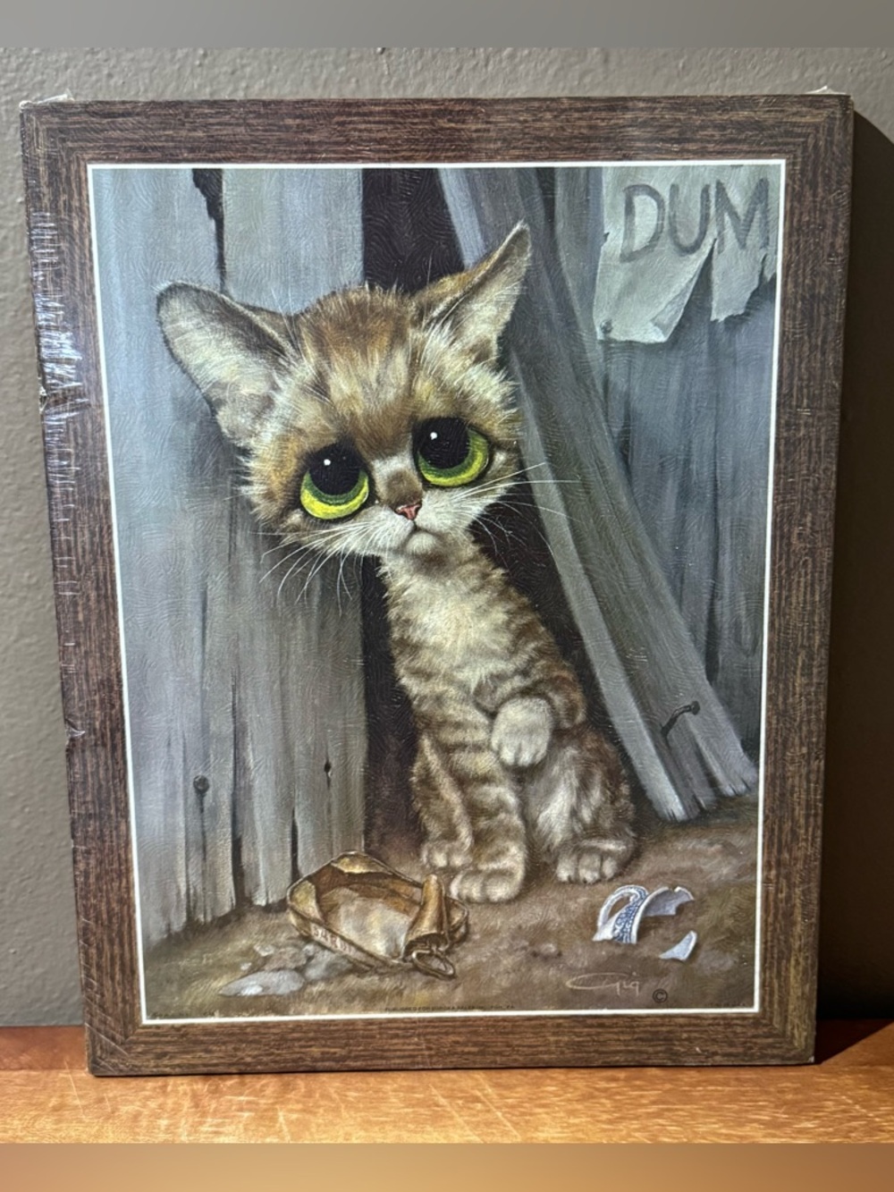 Wall Art-Pity Kitty by GIG 14”x11” Big Eyed Sad Cat Faux-Wood Pressed Board